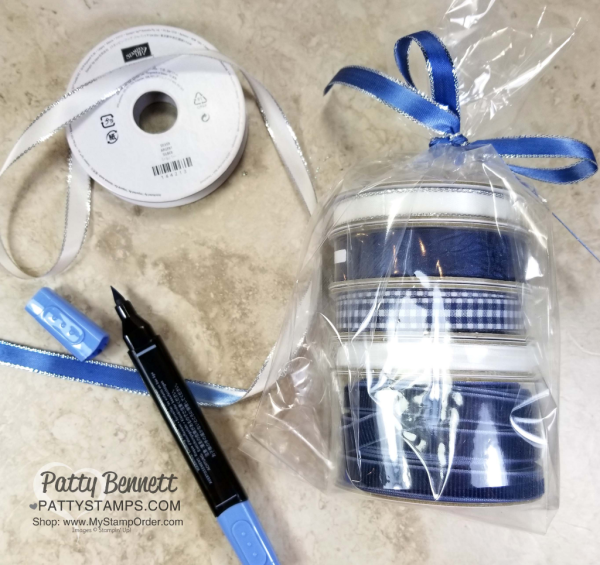 Custom Colored Stampin' Up! Metallic Edge ribbon with Light Night of Navy Stampin' Blends alcohol markers. Custom Colored Stampin' Up! Metallic Edge ribbon with Light Night of Navy Stampin' Blends alcohol markers.