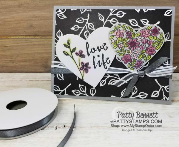 Heart Happiness card idea featuring floral heart stamp colored with Stampin' UP! Stampin' Blends markers. Petal Passion Memories & More card and Petal Passion desgner paper complete this black and white card idea. 