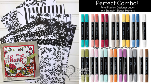 Coloring on black and white Petal Passion designer paper from Stampin' UP! with Stampin' Blends markers.  Flower card ideas by Patty Bennett. 