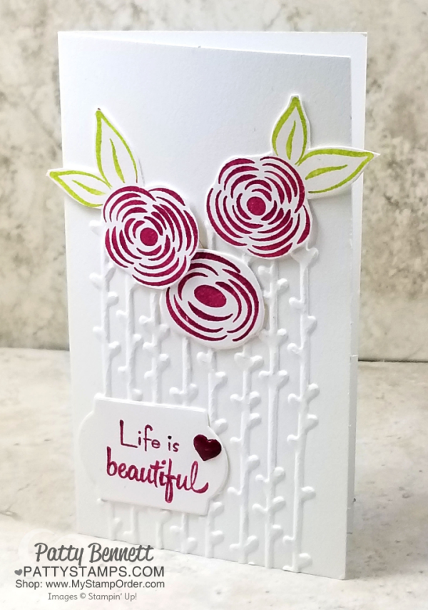 Handmade card idea featuring the Stampin' Up! Petal Pair embossing folder and Narrow Note Card with Perennial Birthday stamp set by Patty Bennett Handmade card idea featuring the Stampin' Up! Petal Pair embossing folder and Narrow Note Card with Perennial Birthday stamp set by Patty Bennett