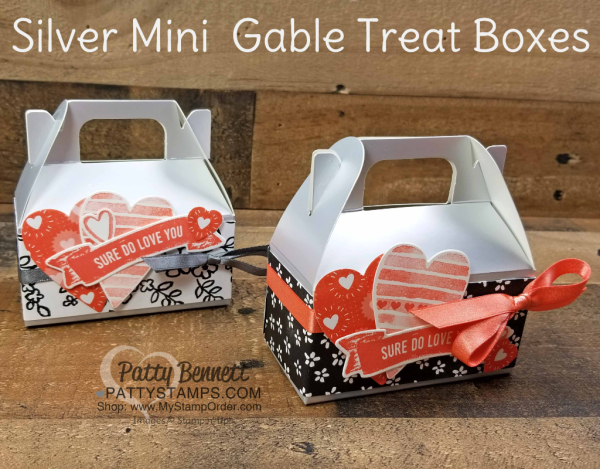 Silver Mini Gable Boxes decorated with Stampin' Up! Petal Passion designer paper and stamped hearts from the Heart Happiness stamp set. by Patty Bennett