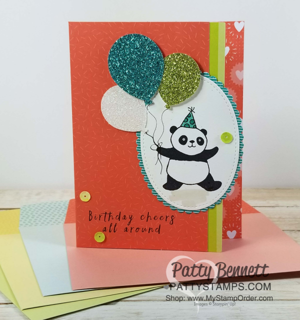 Handstamped birthday cards featuring the Stampin' UP! Party Panda Sale-a-Bration stamp set, Tutti Frutti note cards, Bubbles & Fizz paper and punched glitter balloons, by Patty Bennett