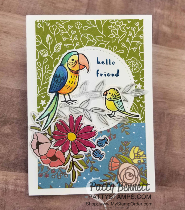 Fun handstamped cards featuring Stampin' Up! Bird Banter stamp set colored with Stampin' Blends markers.  Backgrounds are easy with the Sweet Soiree Memories & More cards - free choice during Sale-a-Bration 2018