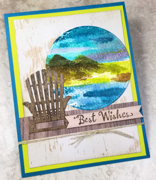 Waterfront stamp set watercolor card featuring Seasonal Layers adirondak chair die cut and Wood Textures paper. Staampin' Up! card making supplies. Cards by Patty Bennett