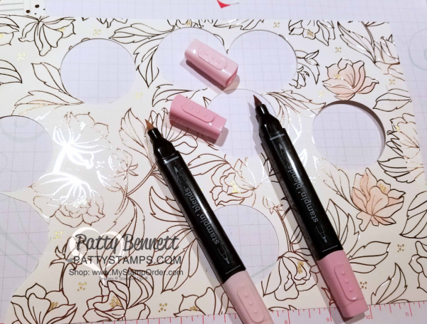Coloring the gorgeous rose gold Springtime foils paper with Stampin' UP! Pink Pirouette Stampin' Blends.  Get this paper as your free gift with purchase through 3-31-18. Shop online: www.MyStampOrder.com 