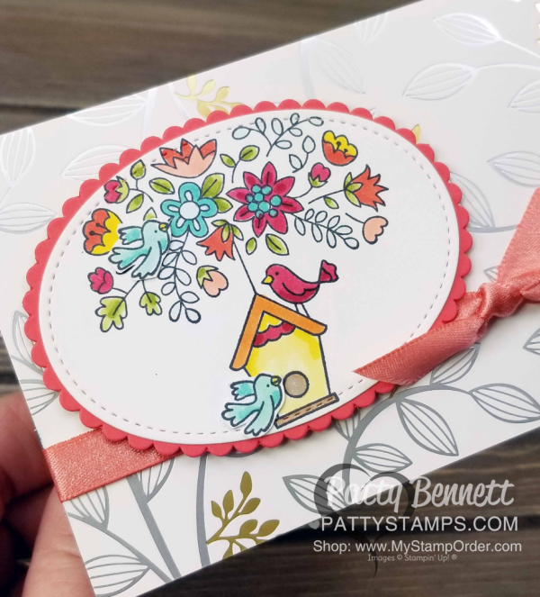 Flying Home birdhouse card colored with Stampin' Up! Stampin' Blends markers.  Springtime Foils paper background. By Patty Bennett