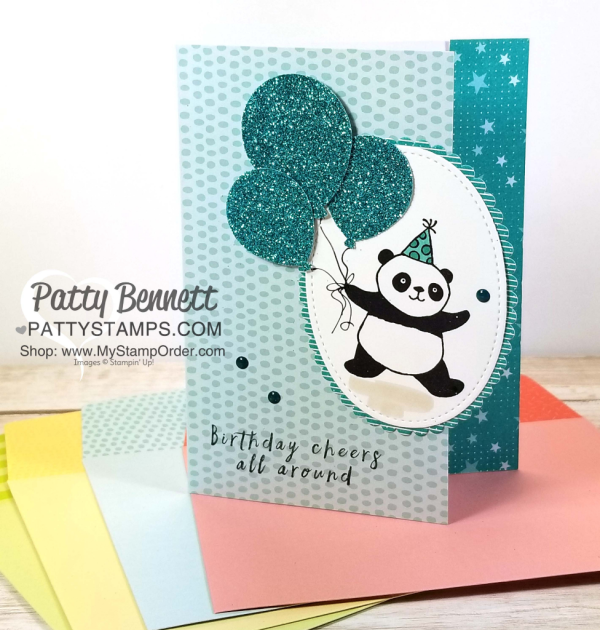 Handstamped birthday cards featuring the Stampin' UP! Party Panda Sale-a-Bration stamp set, Tutti Frutti note cards, Bubbles & Fizz paper and punched glitter balloons, by Patty Bennett