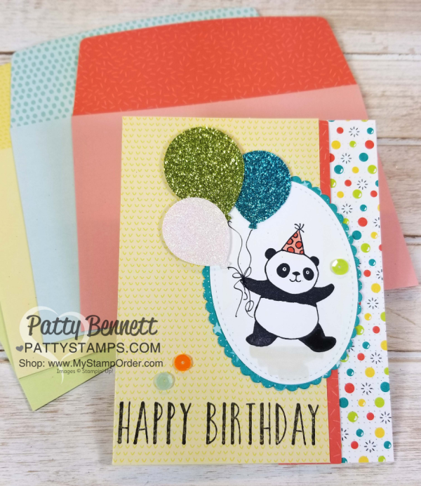 Handstamped birthday cards featuring the Stampin' UP! Party Panda Sale-a-Bration stamp set, Tutti Frutti note cards, Bubbles & Fizz paper and punched glitter balloons, by Patty Bennett