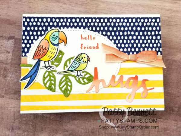 Fun handstamped cards featuring Stampin' Up! Bird Banter stamp set colored with Stampin' Blends markers.  Background paper: Tutti Frutti designer paper stack. shop for supplies at www.MyStampOrder.com