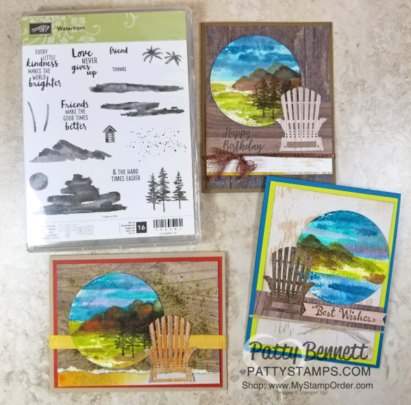 Waterfront stamp set watercolor cards featuring Seasonal Layers adirondak chair die cut. Staampin' Up! card making supplies. Cards by Patty Bennett
