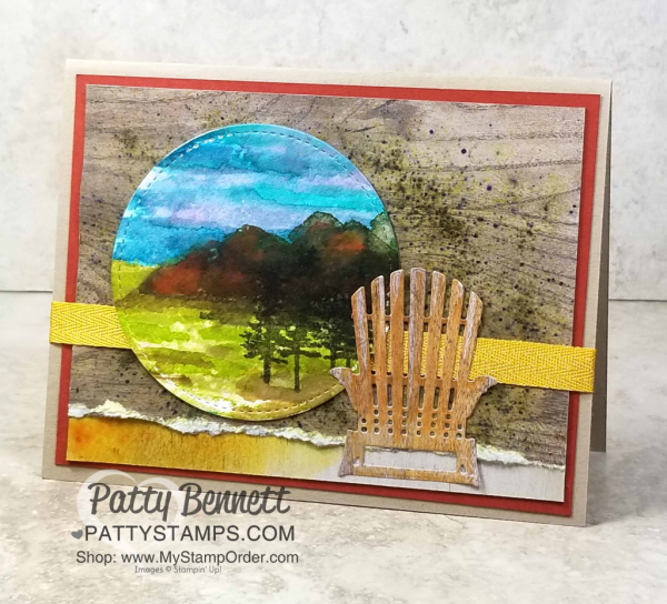Waterfront stamp set watercolor card featuring Seasonal Layers adirondak chair die cut and Wood Textures paper. Staampin' Up! card making supplies. Cards by Patty Bennett