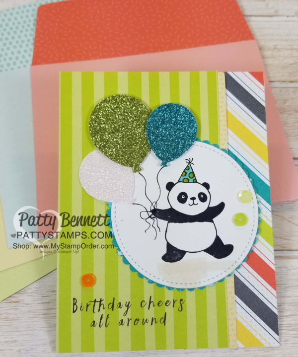Handstamped birthday cards featuring the Stampin' UP! Party Panda Sale-a-Bration stamp set, Tutti Frutti note cards, Bubbles & Fizz paper and punched glitter balloons, by Patty Bennett