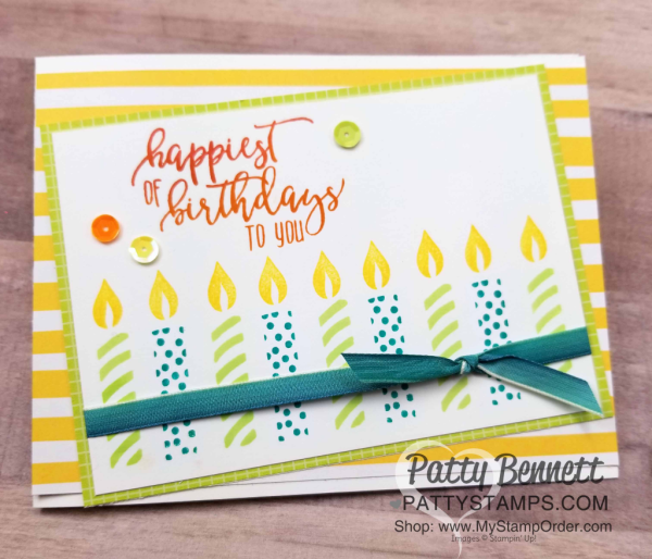 Use Stampin' Blends alcohol markers to color ombre ribbon from Stampin' UP!  Picture Perfect Birthday candle card idea by Patty Bennett, created with the Stamparatus