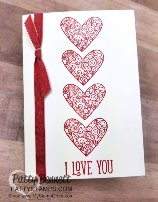 Use Stampin' Blends alcohol markers to color ombre ribbon from Stampin' UP!  Ribbon of Courage heart card idea by Patty Bennett, created with the Stamparatus