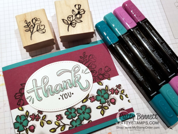 Coloring the Petal Passion designer paper from Stampin' Up! with the Stampin' Blends markers. Add shadowing with the Light Smoky Slate Stampin' Blends marker. Thank you image from the Color Me Happy stamp set. by Patty Bennett Coloring the Petal Passion designer paper from Stampin' Up! with the Stampin' Blends markers. Add shadowing with the Light Smoky Slate Stampin' Blends marker. Thank you image from the Color Me Happy stamp set. by Patty Bennett
