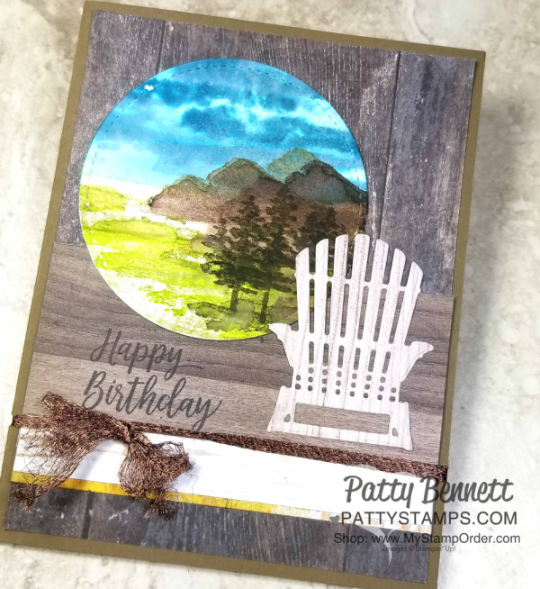 Waterfront stamp set watercolor card featuring Seasonal Layers adirondak chair die cut and Wood Textures paper. Staampin' Up! card making supplies. Cards by Patty Bennett