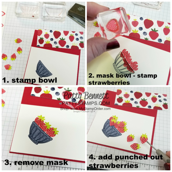 How to mask and stamp the Fruit Basket card with Strawberries from the Stampin' UP! Tutti Frutti suite - 2018 Occasions catalog