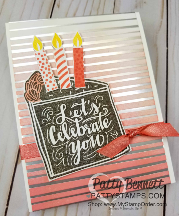 Celebrate You Stampin' UP! Birthday Card idea featuring cake and candles on sponged Springtime Foils paper background, by Patty Bennett