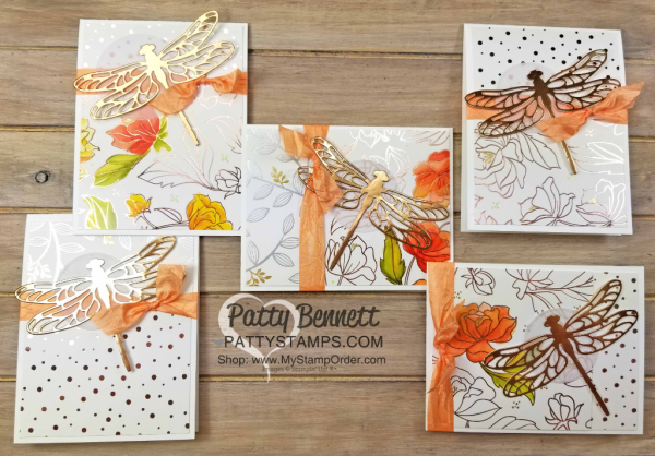 Copper Dragonfly die cut Springtime Foils cards by Patty Bennett, featuring Stampin' Blends coloring. 