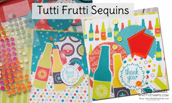 Bubbles & Fizz soda pop bottle cards featuring Stampin' Up! Sale-a-Bration paper and Tutti Frutti cards & envelopes, by Patty Bennett