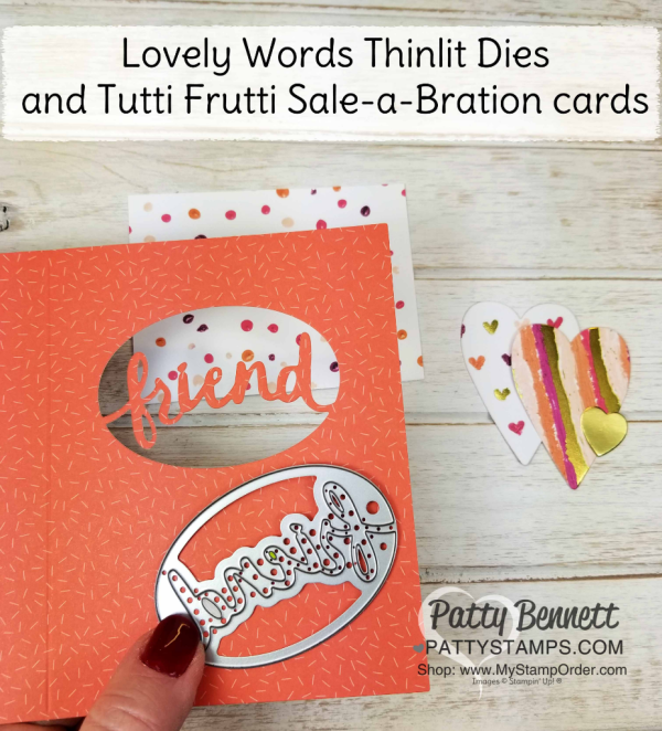 Handmade Thank you Friend cards, created with Stampin' Up! Lovely Words framelits, Tutti Fruitt cards, and Painted with Love hearts, by Patty Bennett