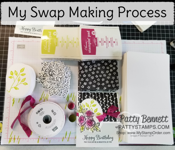 Card Making process for my OnStage swaps.  Handstamped Petal Palette floral cards featuring Sponge Daubers and Stampin' UP! Petal Passion designer paper, by Patty Bennett