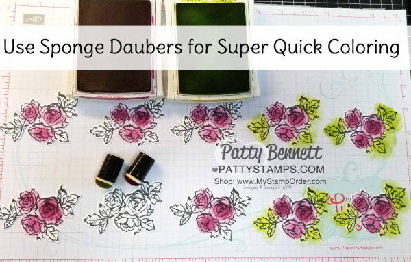 How I used my sponge daubers to color the flowers for my Handstamped Petal Palette floral cards featuring Sponge Daubers and Stampin' UP! Petal Passion designer paper, by Patty Bennett