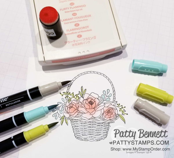 Simple and easy coloring with Stampin' Write markers and a sponge dauber for the Blossoming Basket flower basket card featuring Stampin' UP! Sale-a-Bration 2018 free bundle, including Basket Weave embossing folder, card by Patty Bennett Simple and easy coloring with Stampin' Write markers and a sponge dauber for the Blossoming Basket flower basket card featuring Stampin' UP! Sale-a-Bration 2018 free bundle, including Basket Weave embossing folder, card by Patty Bennett