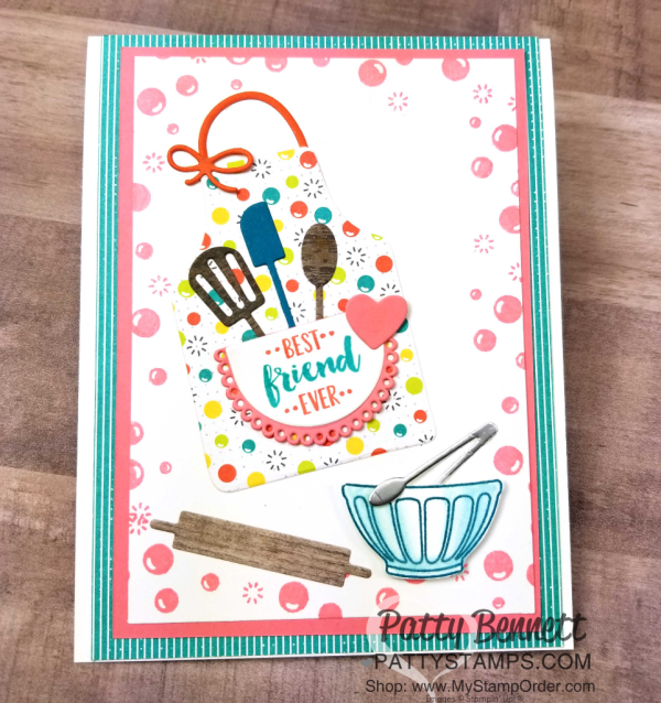 Apron of Love card - cute for the baker or chef in your life! Featuring Stampin' UP! Fruit Basket set and Bubbles & Fizz Sale-a-Bration paper, by Patty Bennett