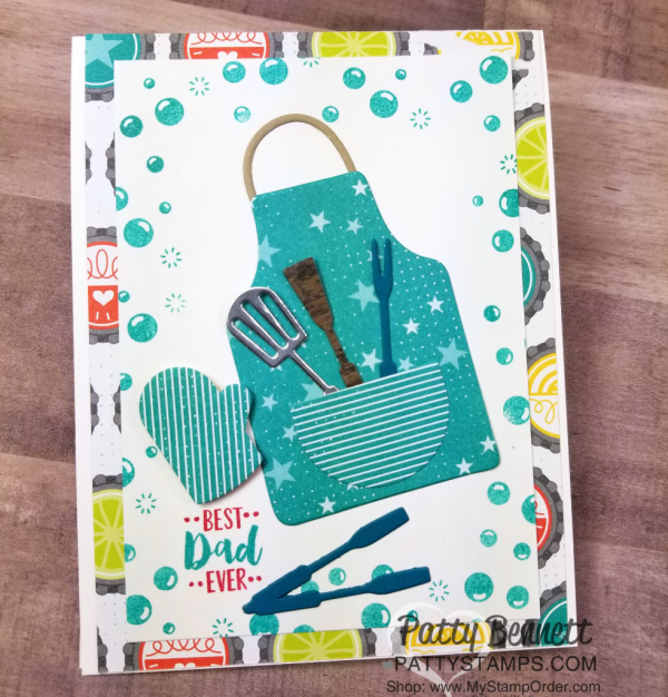 Apron of Love card idea - fun for the BBQ chef in your life! Featuring Stampin' UP! Fruit Basket set and Bubbles & Fizz Sale-a-Bration paper, by Patty Bennett