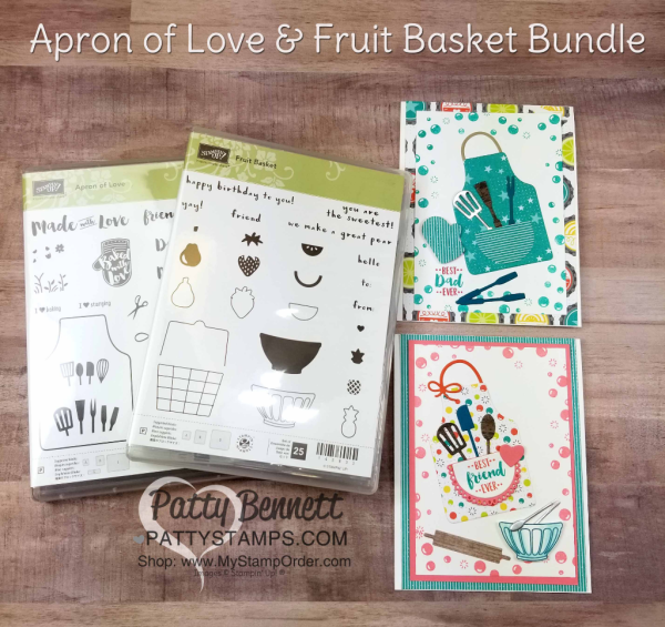 Apron of Love "His and Hers" cards - cute for the baker and BBQ chef in your life! Featuring Stampin' UP! Fruit Basket set and Bubbles & Fizz Sale-a-Bration paper, by Patty Bennett