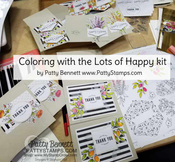 Lots of Happy card kit from Stampin' UP! creates 20 cards with envelopes. Includes supplies, stamp set and watercolor pencils!  cards by Patty Bennett