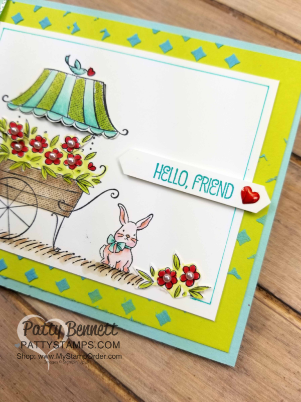 Flower Cart Card created with Friendship's Sweetest Thoughts stamp set and Stampin' Blends from Stampin' UP!, by Patty Bennett. Embossing Paste background and White ribbon colored with Stampin' Blends.