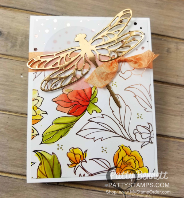 Copper Dragonfly die cut Springtime Foils cards by Patty Bennett, featuring Stampin' Blends coloring. 