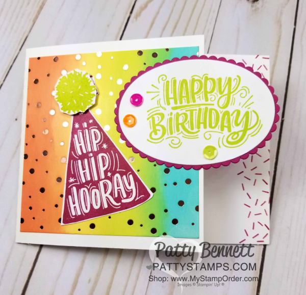 Birthday Card Ideas featuring Stampin' UP! Celebrate You stamp set and Tutti Frutti sequins and sponged Springtime Foils background, by Patty Bennett Birthday Card Ideas featuring Stampin' UP! Celebrate You stamp set and Tutti Frutti sequins and sponged Springtime Foils background, by Patty Bennett