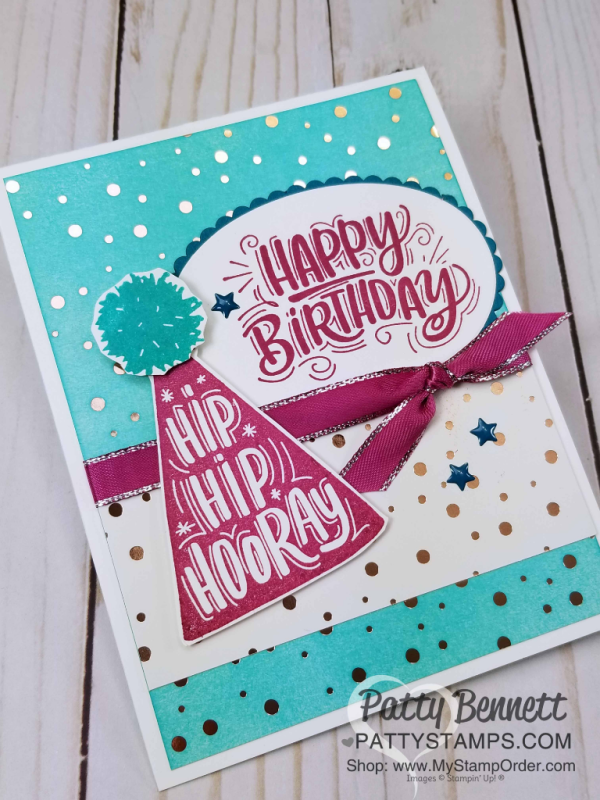Birthday Card Idea featuring Stampin' UP! Celebrate You stamp set and Springtime Foil background paper, by Patty Bennett Birthday Card Idea featuring Stampin' UP! Celebrate You stamp set and Springtime Foil background paper, by Patty Bennett