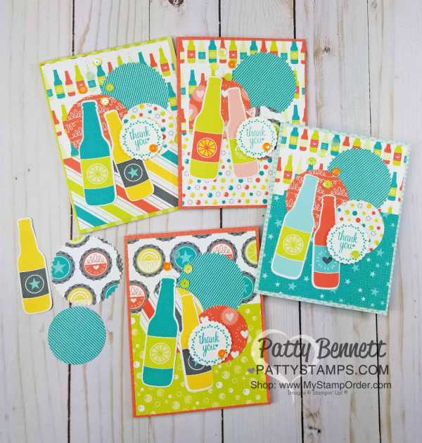 Bubbles & Fizz soda pop bottle cards featuring Stampin' Up! Sale-a-Bration paper and Tutti Frutti cards & envelopes, by Patty Bennett