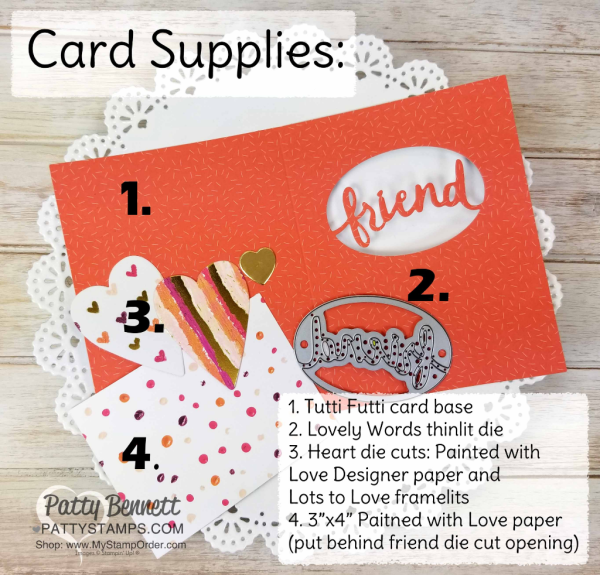 Handmade Thank you Friend cards, created with Stampin' Up! Lovely Words framelits, Tutti Fruitt cards, and Painted with Love hearts, by Patty Bennett