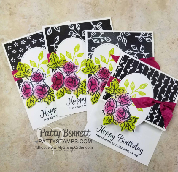 Handstamped Petal Palette floral cards featuring Sponge Daubers and Stampin' UP! Petal Passion designer paper, by Patty Bennett