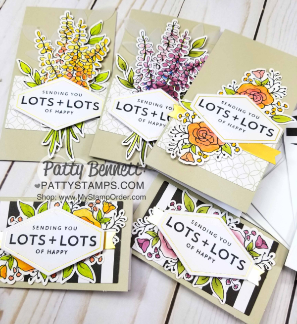 Lots of Happy card kit from Stampin' UP! creates 20 cards with envelopes. Includes supplies, stamp set and watercolor pencils!  cards by Patty Bennett