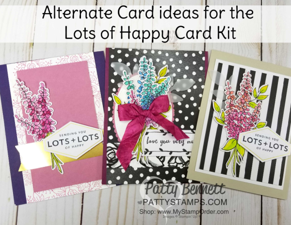 Alternate designs for Lots of Happy card kit from Stampin' UP! creates 20 cards with envelopes. Includes supplies, stamp set and watercolor pencils!  cards by Patty Bennett