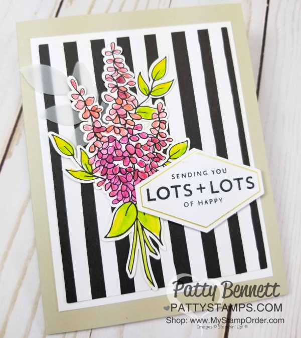 Alternate card idea for Lots of Happy card kit from Stampin' UP! creates 20 cards with envelopes. Includes supplies, stamp set and watercolor pencils!  cards by Patty Bennett