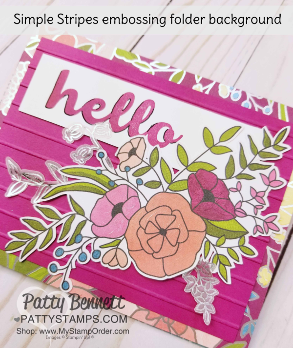 Sweet Soiree Memories & More card idea featuring Stampin' UP! Simple Stripes embossing folder and Hello Friend stamp set, by Patty Bennett Sweet Soiree Memories & More card idea featuring Stampin' UP! Simple Stripes embossing folder and Hello Friend stamp set, by Patty Bennett