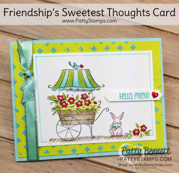 Flower Cart Card created with Friendship's Sweetest Thoughts stamp set and Stampin' Blends from Stampin' UP!, by Patty Bennett. Embossing Paste background and White ribbon colored with Stampin' Blends.