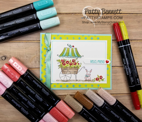 Flower Cart Card created with Friendship's Sweetest Thoughts stamp set and Stampin' Blends from Stampin' UP!, by Patty Bennett. Embossing Paste background and White ribbon colored with Stampin' Blends.