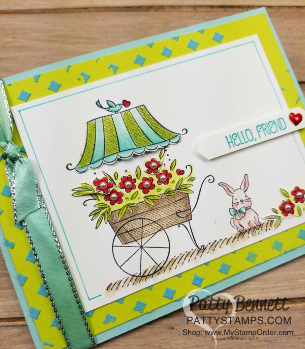 Flower Cart Card created with Friendship's Sweetest Thoughts stamp set and Stampin' Blends from Stampin' UP!, by Patty Bennett. Embossing Paste background and White ribbon colored with Stampin' Blends.