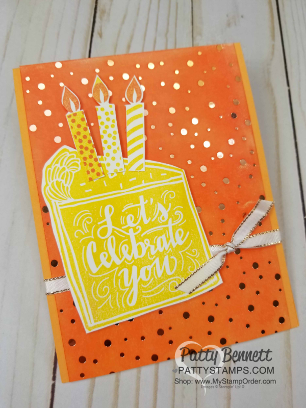 Celebrate You Stampin' UP! Birthday Card idea featuring cake and candles on sponged Springtime Foils paper background, by Patty Bennett