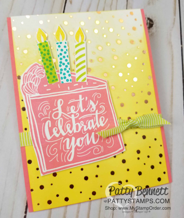Celebrate You Stampin' UP! Birthday Card idea featuring cake and candles on sponged Springtime Foils paper background, by Patty Bennett