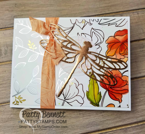 Copper Dragonfly die cut Springtime Foils cards by Patty Bennett, featuring Stampin' Blends coloring. 