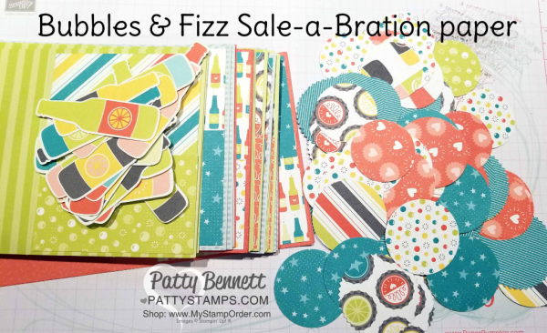 Bubbles & Fizz soda pop bottle cards featuring Stampin' Up! Sale-a-Bration paper and Tutti Frutti cards & envelopes, by Patty Bennett